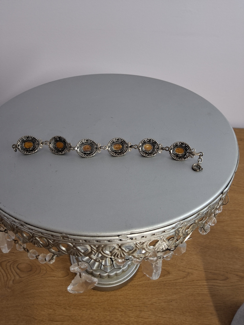Vintage Sterling Silver Baltic Amber Oval Cabochon Link Chain Bracelet Size 7 - Picture 6 of 6